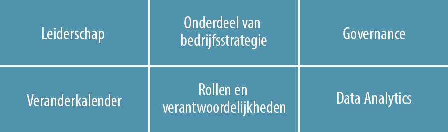 Onderdeel van bedrijfsstrategie | Leiderschap | Governance | Veranderkalender | Rollen en verantwoordelijkheden | Data Analytics