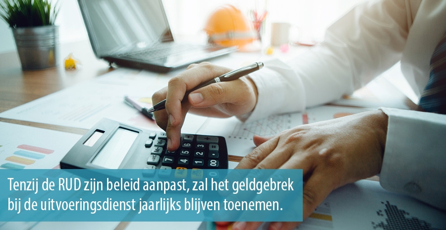 Tenzij de RUD zijn beleid aanpast, zal het geldgebrek bij de uitvoeringsdienst jaarlijks blijven toenemen Tenzij de RUD zijn beleid aanpast, zal het geldgebrek bij de uitvoeringsdienst jaarlijks blijven toenemen
