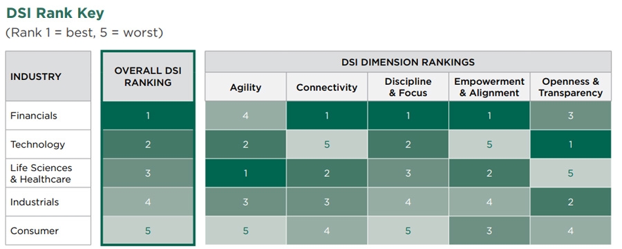 DSI-rangschikking per sector op basis van rankschikking per focusgebied