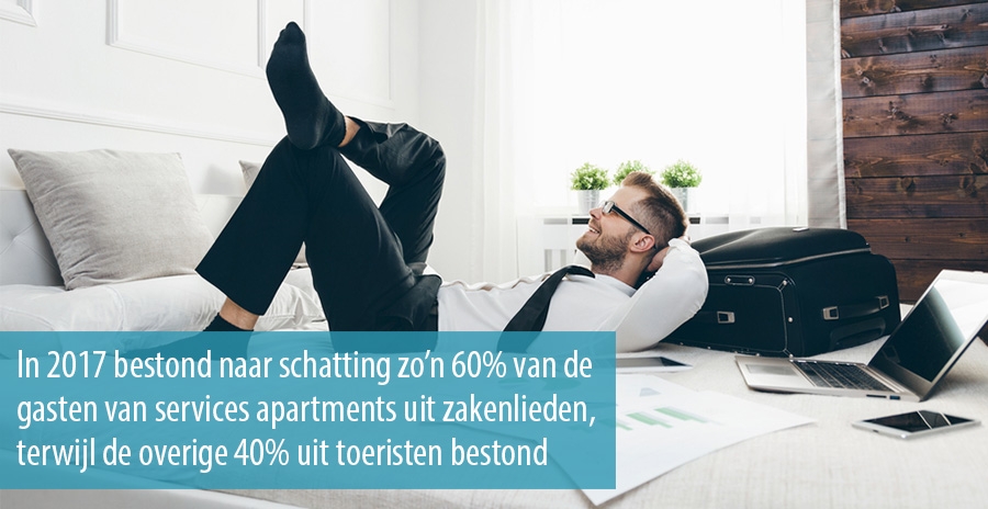 In 2017 bestond naar schatting zo’n 60% van de gasten van services apartments uit zakenlieden, terwijl de overige 40% uit toeristen bestond