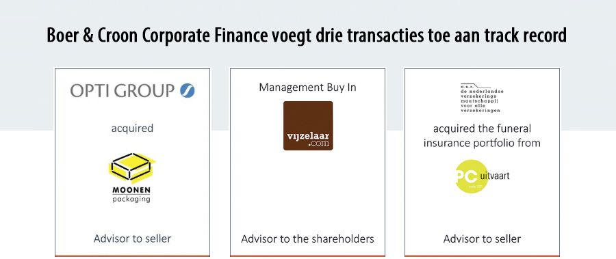 Boer & Croon Corporate Finance voegt drie transacties toe aan track record