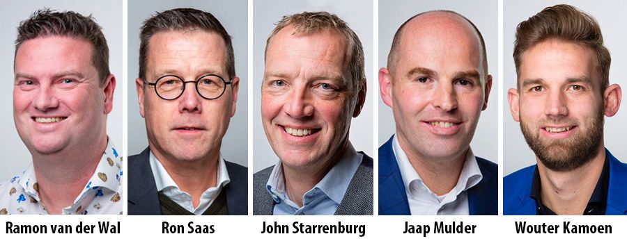 Ramon van der Wal, Ron Saas, John Starrenburg, Jaap Mulder en Wouter Kamoen