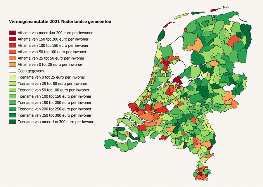 Ontwikkeling van vermogen van Nederlandse gemeenten per inwoner, uitgedrukt in euro’s
