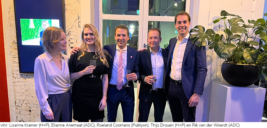 vlnr: Lisanne Kramer (H+P), Elianne Anemaat (ADC), Roeland Coomans (Publyon), Thijs Drouen (H+P) en Rik van der Woerdt (ADC)