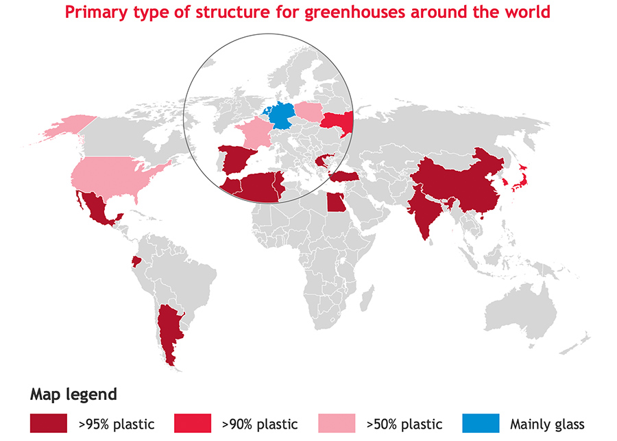 Primary type of structure for greenhouses around the world & The largest CEA areas by countries